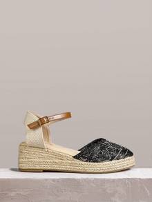 Styleloop Women's Summer New Platform Wedge Heel Black Ankle Strap Woven Material Breathable Fisherman Sandals - Black - View 1