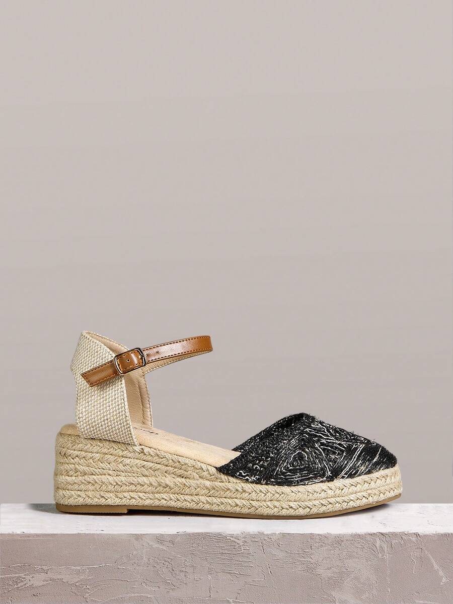 Styleloop Women's Summer New Platform Wedge Heel Black Ankle Strap Woven Material Breathable Fisherman Sandals - Black - View 1