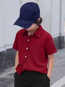 SHEIN Spring/Summer Loose Casual Textured Fabric Turndown Collar Open Front Real Pocket Design Boys Shirt - Red - View 1