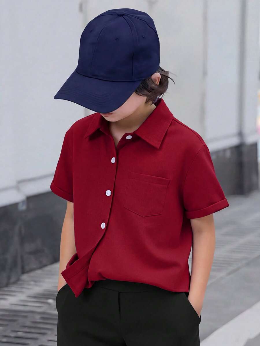 SHEIN Spring/Summer Loose Casual Textured Fabric Turndown Collar Open Front Real Pocket Design Boys Shirt - Red - View 1
