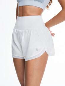 Eassivo 女士白色高腰运动短裤，宽腰带，弧形裤脚，透气网眼内层，轻盈弹力，适合跑步和健身运动。女士白色短裤，白色跑步短裤，白色运动短裤，白色弹力短裤，白色健身短裤 - 白色 - 查看 3