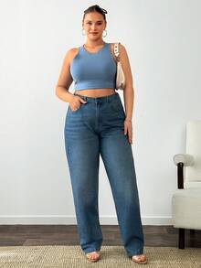 EURMUSE Plus Size Casual Everyday Washed Slant Pocket Jeans - Medium Wash - View 4
