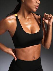 Powerista Sujetador deportivo de uso diario para mujer con espalda cruzada de color contrastante - Negro - Ver 4