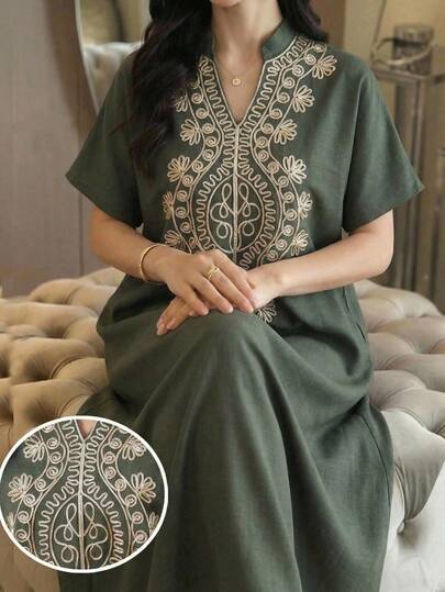 Yasmyna Women's Floral Embroidery V-Neck Short Sleeve Casual Arabic Style Dress Womens Embroidered Embroidered Dress Caftan Dress Boho Dress Dark Green Women Dress