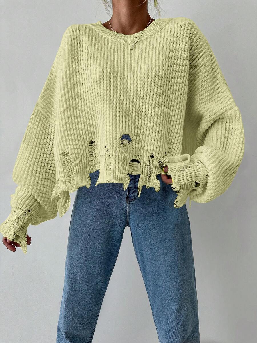 EURMUSE Drop Shoulder Distressed Trim Sweater - Yellow - View 1