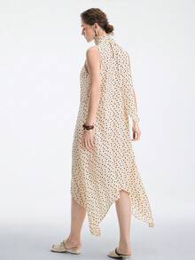 Aalyst Đầm nữ dáng suông không tay, cổ cao, thắt nơ, chấm bi lãng mạn, dài đến đầu gối, kiểu Pháp cổ điển thanh lịch, thích hợp cho công sở, đi làm, kinh doanh, thường ngày, nghỉ lễ, tiệc trà chiều, dạo phố, đơn giản và đa năng, mẫu mới Xuân/Hè. - Màu be - Xem 3