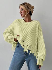 EURMUSE Drop Shoulder Distressed Trim Sweater - Yellow - View 4