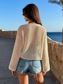 EURMUSE Open Knit Hollow-Out Pocket Button Cardigan In Lightweight Breathable Fabric For Chic Casual Spring Summer Layering Style - White - View 2