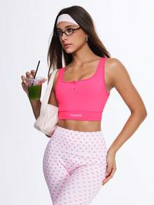 Eassivo 女士运动吊带背心，纽扣开襟，字母印花，高弹力，健身瑜伽上衣 - 玫紅色 - 查看 1