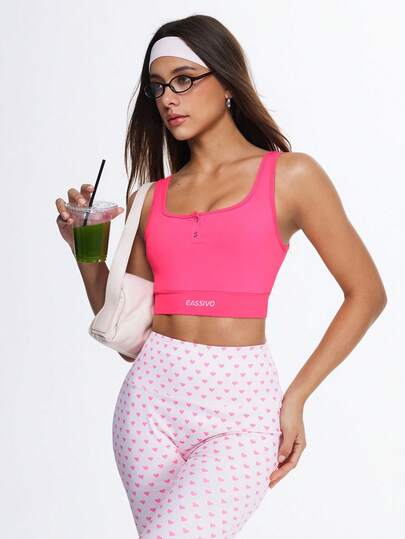 Eassivo 女士运动吊带背心，纽扣开襟，字母印花，高弹力，健身瑜伽上衣