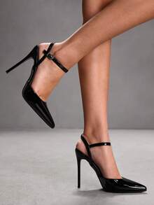 CUCCOO SZL Women's Black Pointed Toe Stiletto High Heel Sexy Evening Party Ladies High Heel Pumps With Ankle Strap And Backless Design - Black - View 3