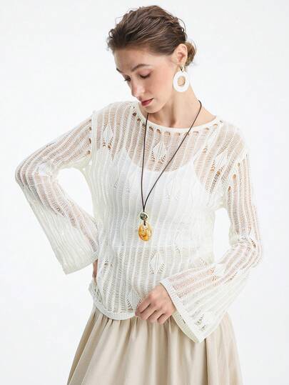 Aalyst Nuevo top de punto de manga larga con un solo hombro, patrón de diamante hueco y ajuste elegante, estilo regular, para mujer, primavera/verano