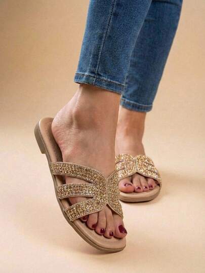 Sandalias planas con diamantes de imitación glamurosas para mujer, con brillo brillante, sandalias de punta abierta para verano, elegancia para el día a día. Sandalias planas casuales con pedrería para mujer, elegantes sandalias slip on de punta abierta para verano que ofrecen la mayor comodidad y estilo.