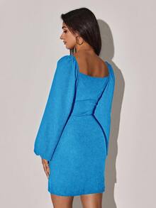 EURMUSE Women's Blue Deep V-neck High-slit Dress - Biru - View 2