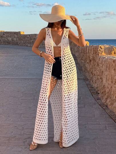 EURMUSE Sexy White Crochet Sleeveless Long Beach Cover Up Vest