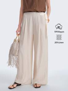 Aalyst 女士纯色亚麻质感中腰褶裥侧系带口袋宽松直筒杏色长裤，优雅法式复古简约风格，适合办公室、通勤、商务、休闲、海滩、日常穿着，春夏新品 - 杏色 - 查看 4