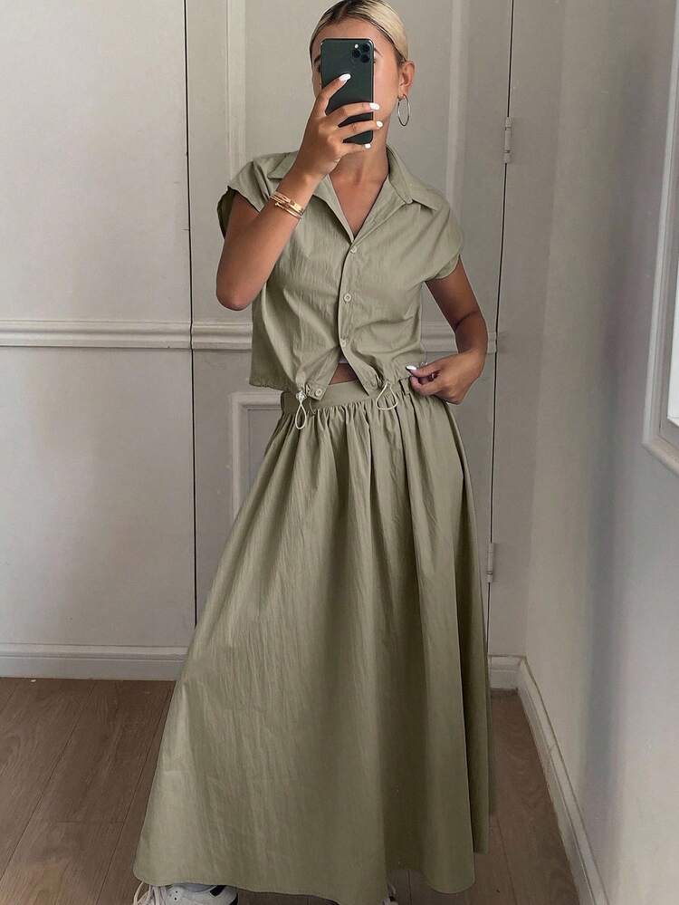 Women's Summer Casual Solid Color Cropped Shirt And Skirt 2 Pieces Set
