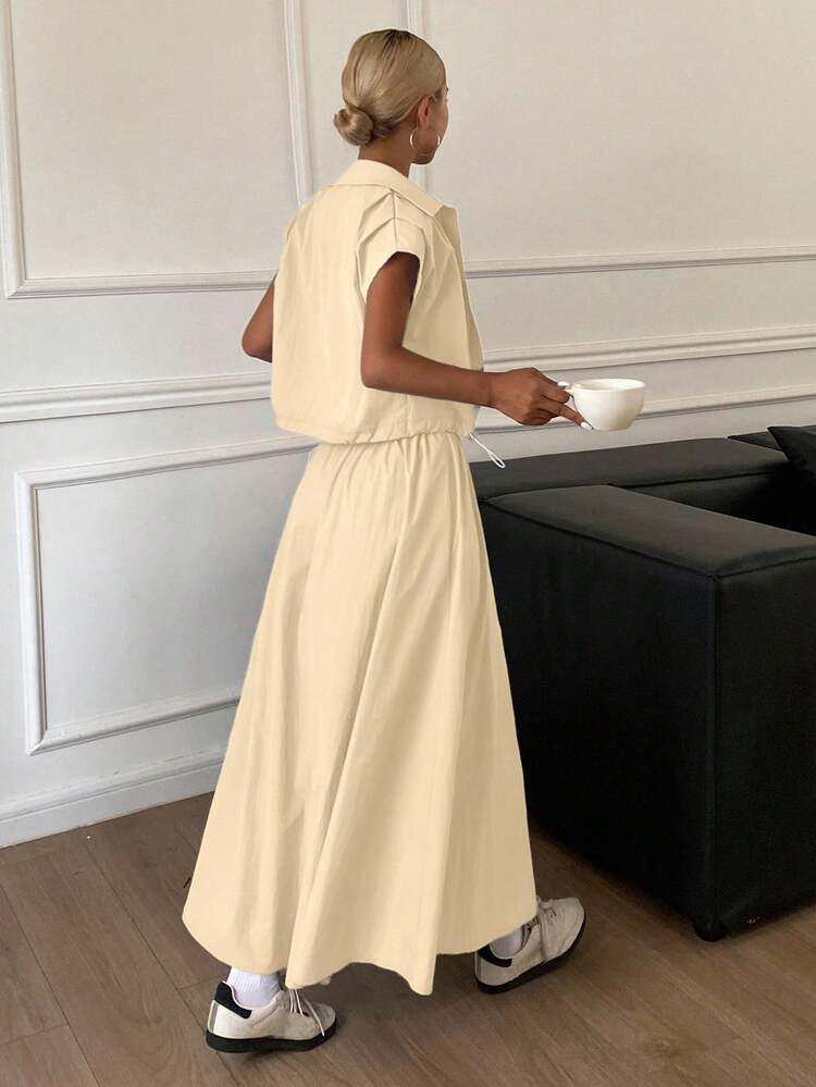 Women's Summer Casual Solid Color Cropped Shirt And Skirt 2 Pieces Set