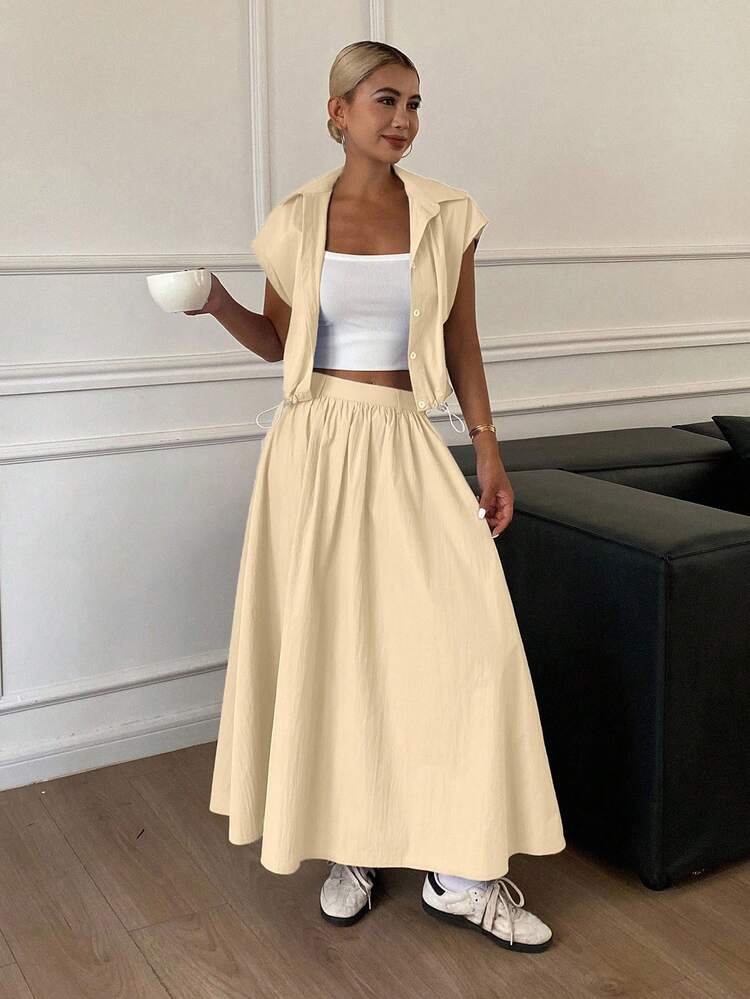 Women's Summer Casual Solid Color Cropped Shirt And Skirt 2 Pieces Set