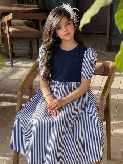 SHEIN Tween Girl Color Block Blue & White Striped Navy Color Block Short Sleeve Dress, Tween Girls Cute Striped Print Splice Short Sleeve Navy Color Block Mid-Length Dress, Suitable For Outings, Parties, Spring/Summer, Vacation & Holidays Holiday Outfits, Princess Dress, Daily Wear