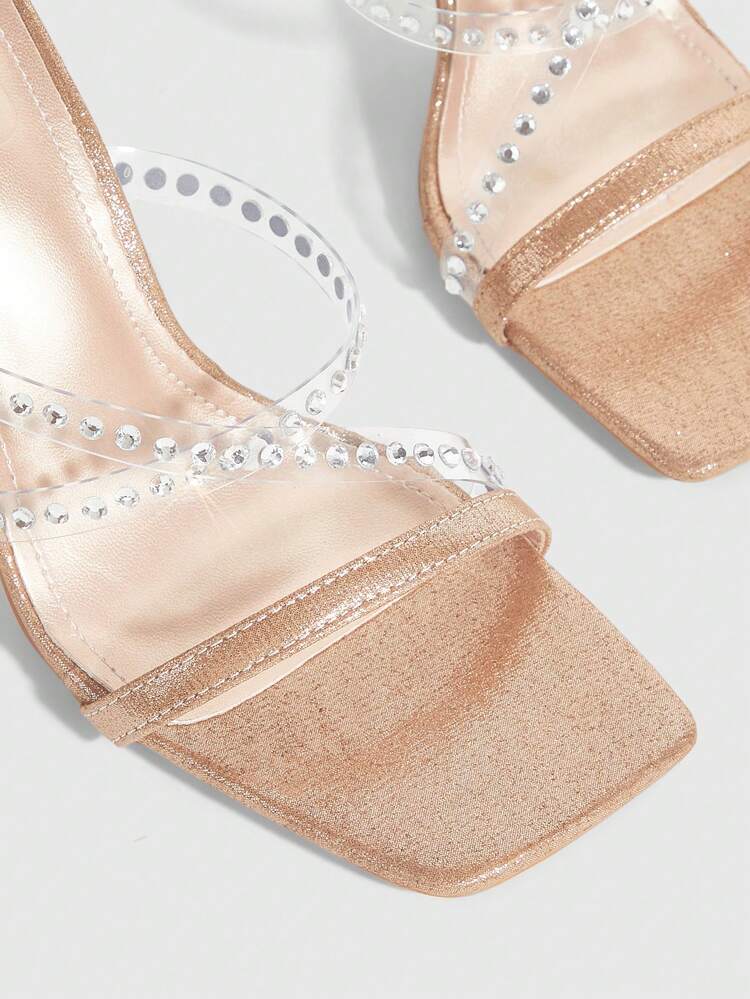 CUCCOO SZL Women Shoes Square Toe Thin Heel Champagne Thin Strips With Rhinestones Sexy Fashion Gorgeous With Skirts Banquet Party Nightclub Ladies High Heel Open Toe Ladies High Heel Sandals Slippers Prom Heels