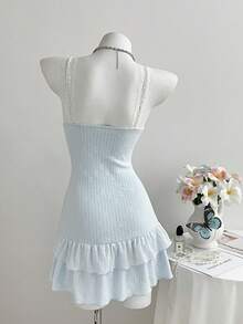 Elamini Summer Casual Lace Ruffle Hem Dress - Blue - View 2