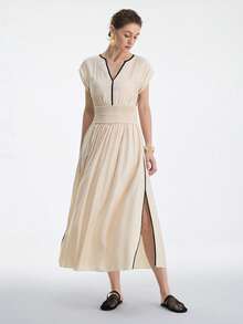 Aalyst 女士春夏约会/外出装扮，新年、情人节、复活节、母亲节、中东婚礼，精致时尚，优雅复古风，休闲简约通勤，浪漫度假亚麻褶皱系带腰侧开衩黑色长袖连衣裙，杏色口袋 - 杏色 - 查看 5