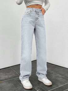 EURMUSE Women's High Waist Cotton Straight Washed Denim Casual Pants - Baby Blue - View 3