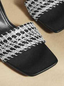 Rosivie 女士方头细跟黑色编织时尚优雅法式高跟凉鞋拖鞋搭配裙子日常百搭宴会派对女士凉鞋 - 黑色 - 查看 4