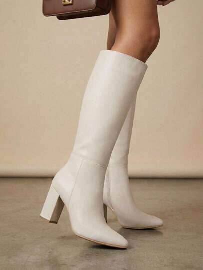 Botas mujer caña alta tacón ancho cómodas clásicas elegantes vestir invierno moda urbana punta fina cierre cremallera calzado casual oficina look formal fiesta