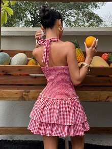 Sunnyshic 女士红色格子V领露背系带荷叶边下摆无袖迷你连衣裙。适合度假、野餐和日常穿着。 - 藍色 - 查看 2