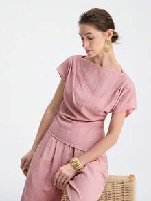 Aalyst Women's Spring/Summer Outfit, Elegant Casual Asymmetric Shoulder Pleated Top + Straight Leg Pants 2-Piece Set, Suitable For New Year, Valentine's Day, Easter, Mother's Day, Middle Eastern Wedding, Commute, Vacation, Pocket Detail, Pink - Pink - View 7