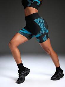 Powerista Contrast Color Print High Waist Seamless Sports Shorts - Black - View 7