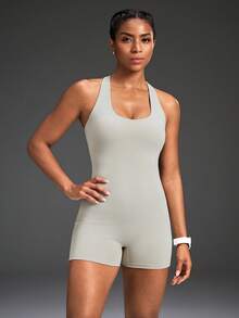 Powerista 露背无袖修身运动连体裤 - 卡其色 - 查看 3