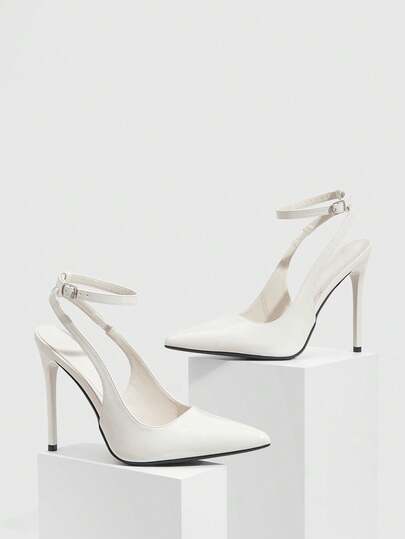 CUCCOO SZL Women Shoes Women's Off-White Pointed Stiletto Sexy Dinner Party Women's High Heel Shoes Back Ankle Strap Slingback Shoes Women's Shoes