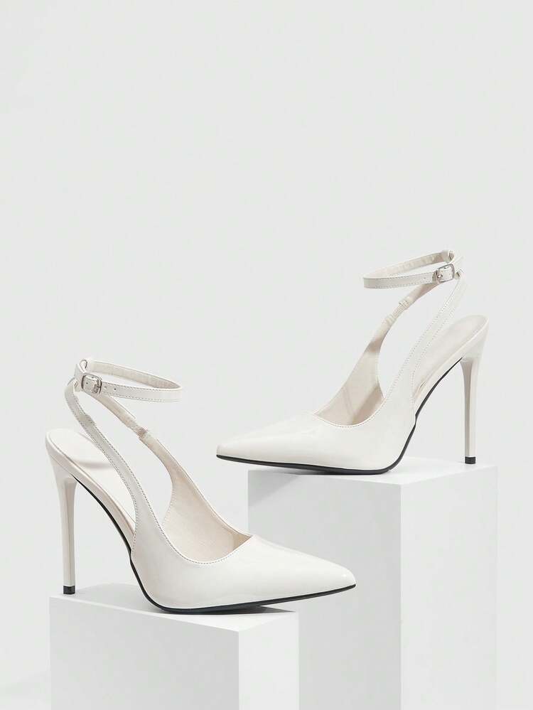 CUCCOO SZL Women Shoes Women's Off-White Pointed Stiletto Sexy Dinner Party Women's High Heel Shoes Back Ankle Strap Slingback Shoes Women's Shoes