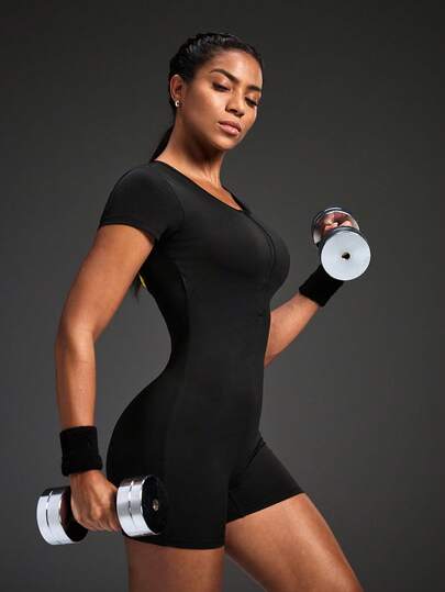 Powerista Bộ áo liền quần thể thao ôm sát, tay ngắn, hở lưng, màu trơn