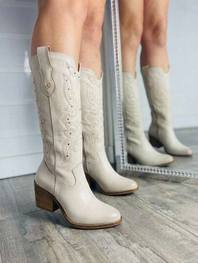 Botas Camperas Mujer Beige, Texanas Altas, Cuero Sintético, Tacón Ancho, Bordado, Moda Western, Country, Fiesta, Casual, Invierno