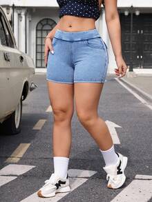 Flexra 女士弹力腰带口袋修身休闲百搭牛仔短裤 - 藍色 - 查看 6