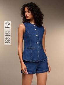 EURMUSE Women's Summer Casual Front Button Denim Blouse And Denim Shorts - Medium Wash - View 3