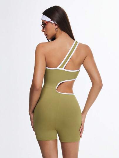 Eassivo Contrast Color Trim Hollow Out Sports Jumpsuit Yoga Shorts