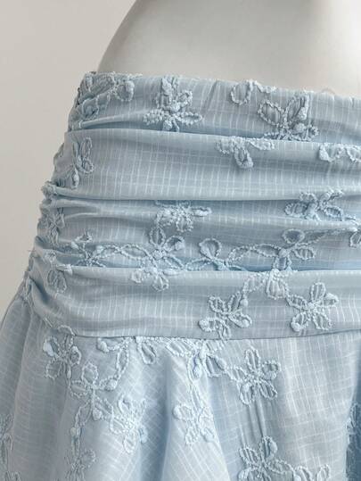 Elamini 2026 New Sweet Embroidered Jacquard Design Valentine's Day Mini Skirt, Ruffled Hem, Blue Vacation Style A-Line Skirt