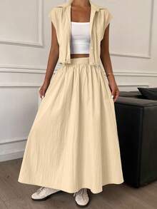 DAZY 女士夏季休闲纯色短款衬衫和半裙两件套 - 淡黃色 - 查看 5