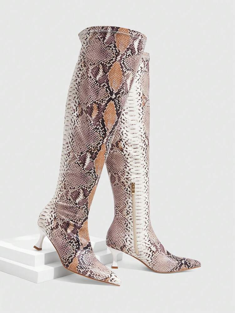 CUCCOO SZL Women's Classic Snake Skin Thigh High Boots, Fashion Super High Heel Pointed Toe Elegant Minimalist Stretch Over-The-Knee Boots Valentine's Day