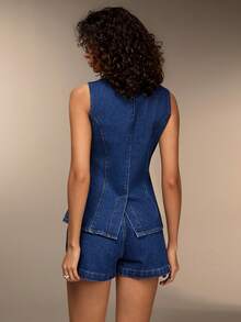 EURMUSE Women's Summer Casual Front Button Denim Blouse And Denim Shorts - Medium Wash - View 2