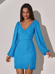 EURMUSE Women's Blue Deep V-neck High-slit Dress - Biru - View 4