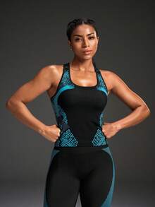 Powerista Top deportivo ajustado de tirantes con estampado de colores contrastantes - Azul - Ver 4