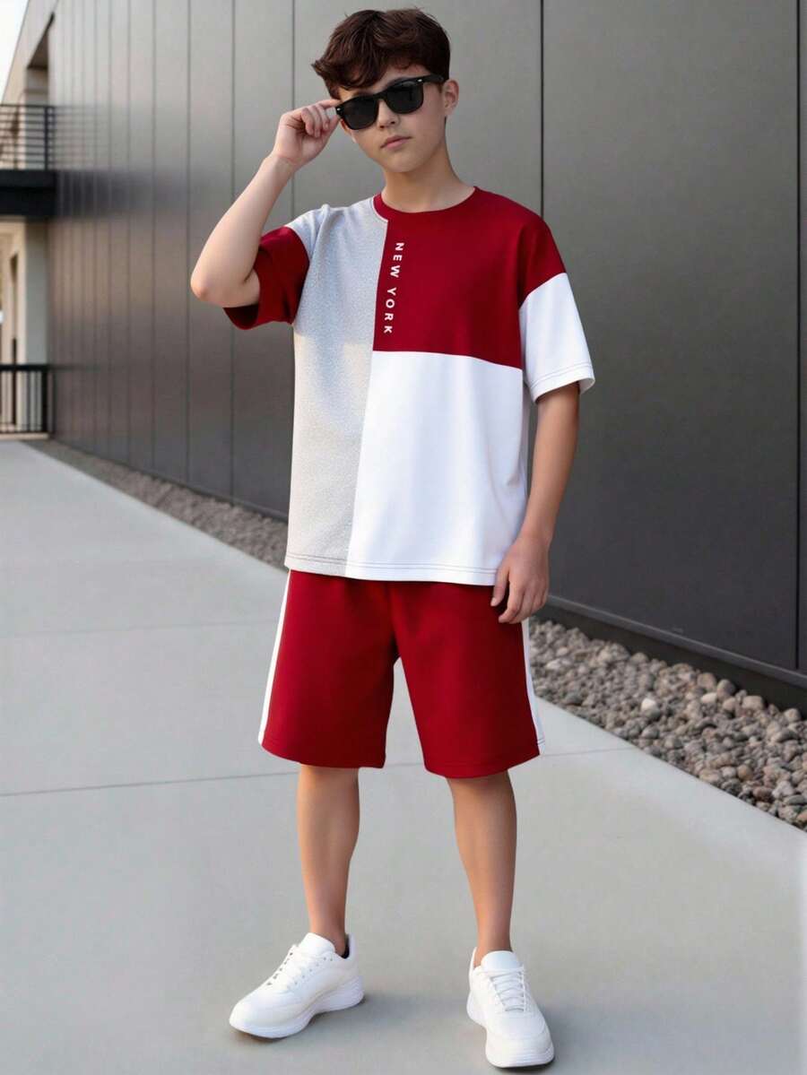Vacaura 2件套 青少年男童夏季撞色拼接圆领休闲字母印花短袖T恤和户外运动短裤 - 彩色 - 查看 1