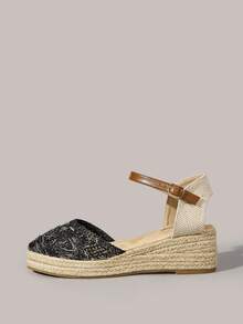 Styleloop Women's Summer New Platform Wedge Heel Black Ankle Strap Woven Material Breathable Fisherman Sandals - Black - View 2