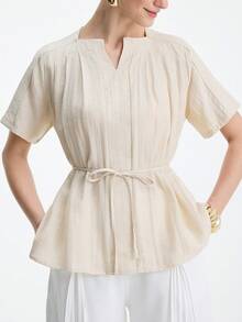 Aalyst Women's Spring/Summer Linen Twill Elegant Commute Vacation Casual Afternoon Tea Romantic High-Quality Linen Front Pleated Tie-Waist Short Sleeve Blouse Shirt - Apricot - View 6